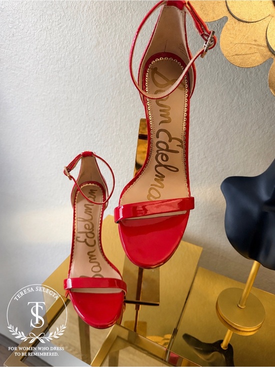 Sam Edelman Shoes - Sam Edelman Red Patent Ankle-Strap Heels with Gold Accents